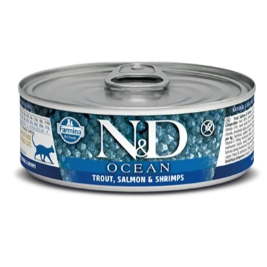 N&D OCEAN CAT CANNED FOOD TROUT, SALMON, SHRIMP 2.8OZ