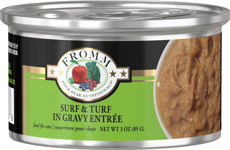 Fromm Shredded Surf & Turf in Gravy Entree Cat Can 3oz-Four Muddy Paws