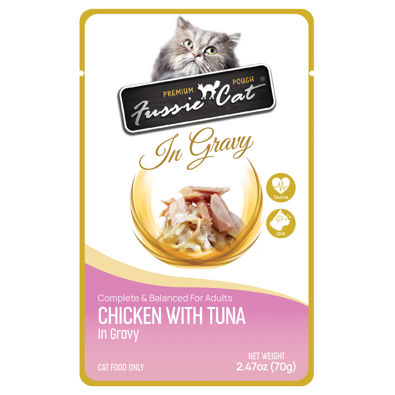 Fussie Cat Premium Chicken & Tuna in Gravy Pouch 2.47oz-Four Muddy Paws
