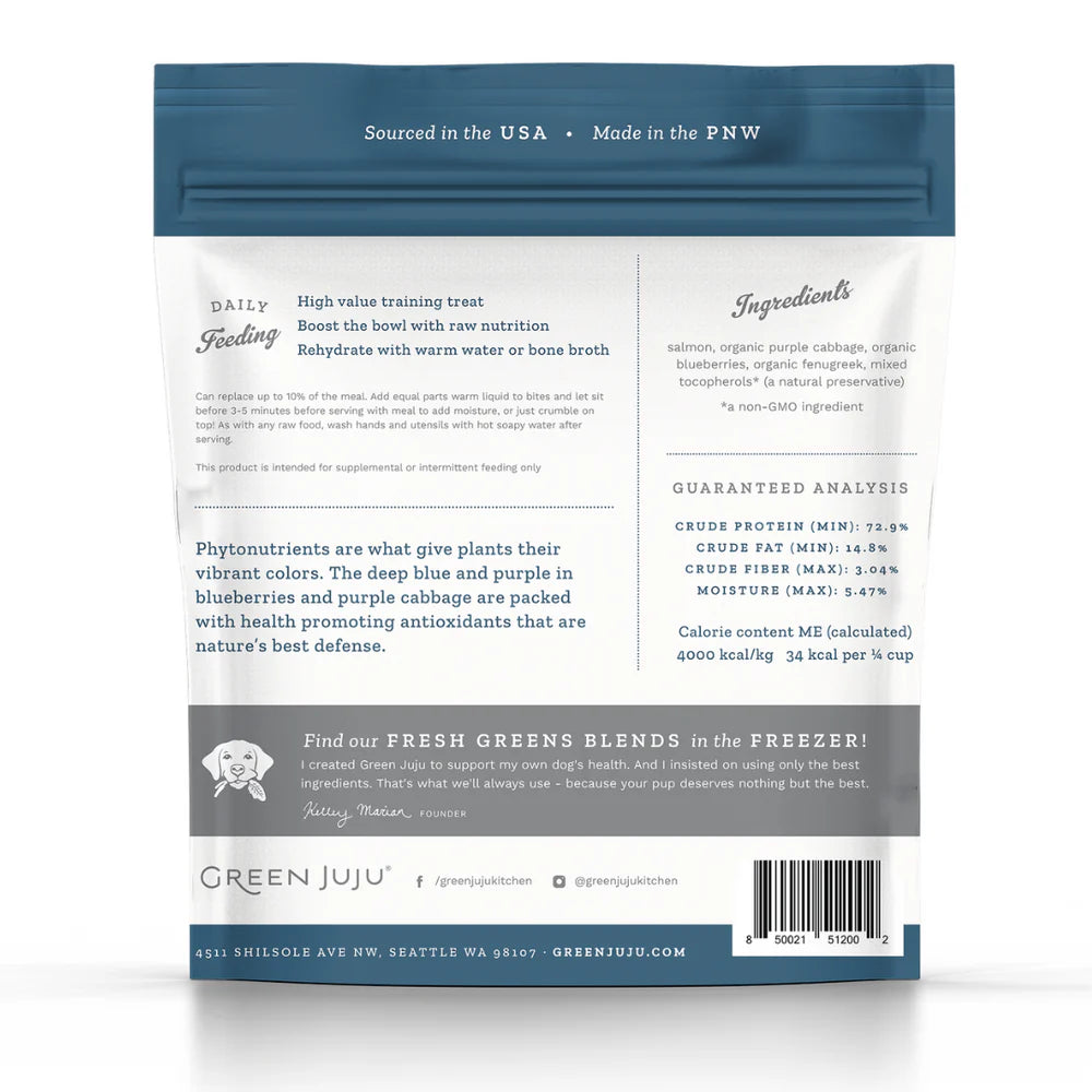 Green Juju Dog Freeze Dried Salmon Blue Bites 7.5oz-Four Muddy Paws