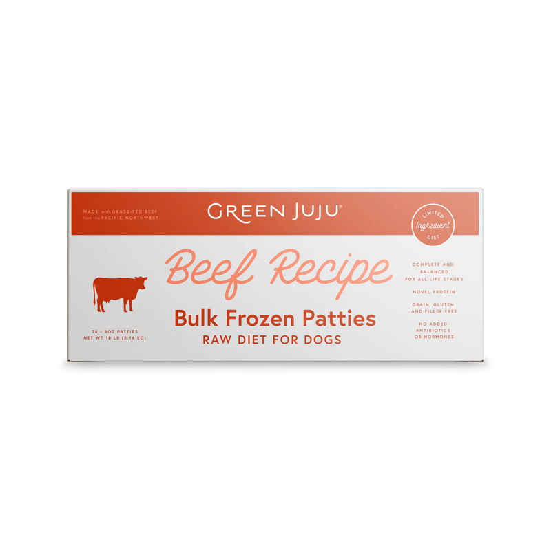 Green Juju Frozen Dog Patties Beef Bulk 18lbs-Four Muddy Paws