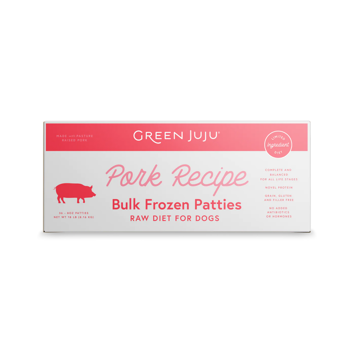 Green Juju Frozen Dog Patties Pork Bulk 18lbs-Four Muddy Paws