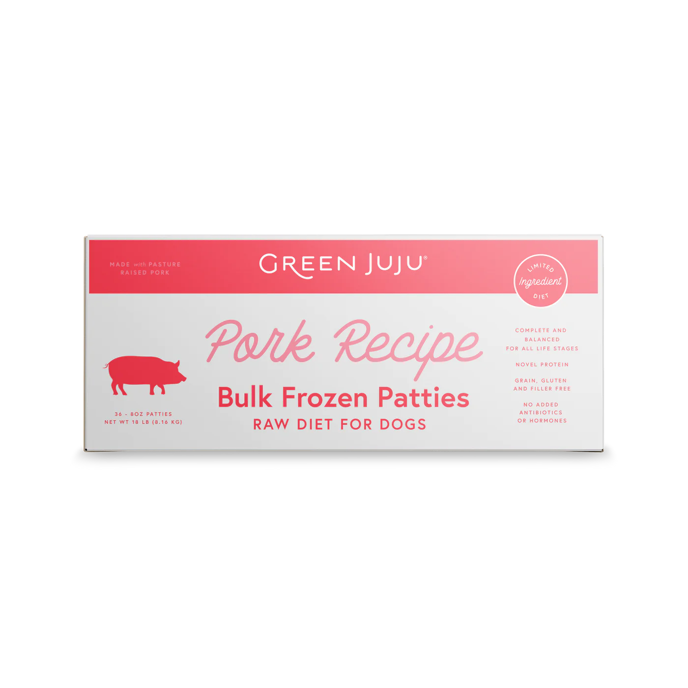 Green Juju Frozen Dog Patties Pork Bulk 18lbs-Four Muddy Paws