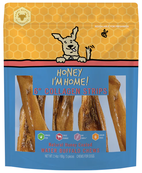 Honey I'm Home Buffalo Collagen Strips 6" 5pk-Four Muddy Paws