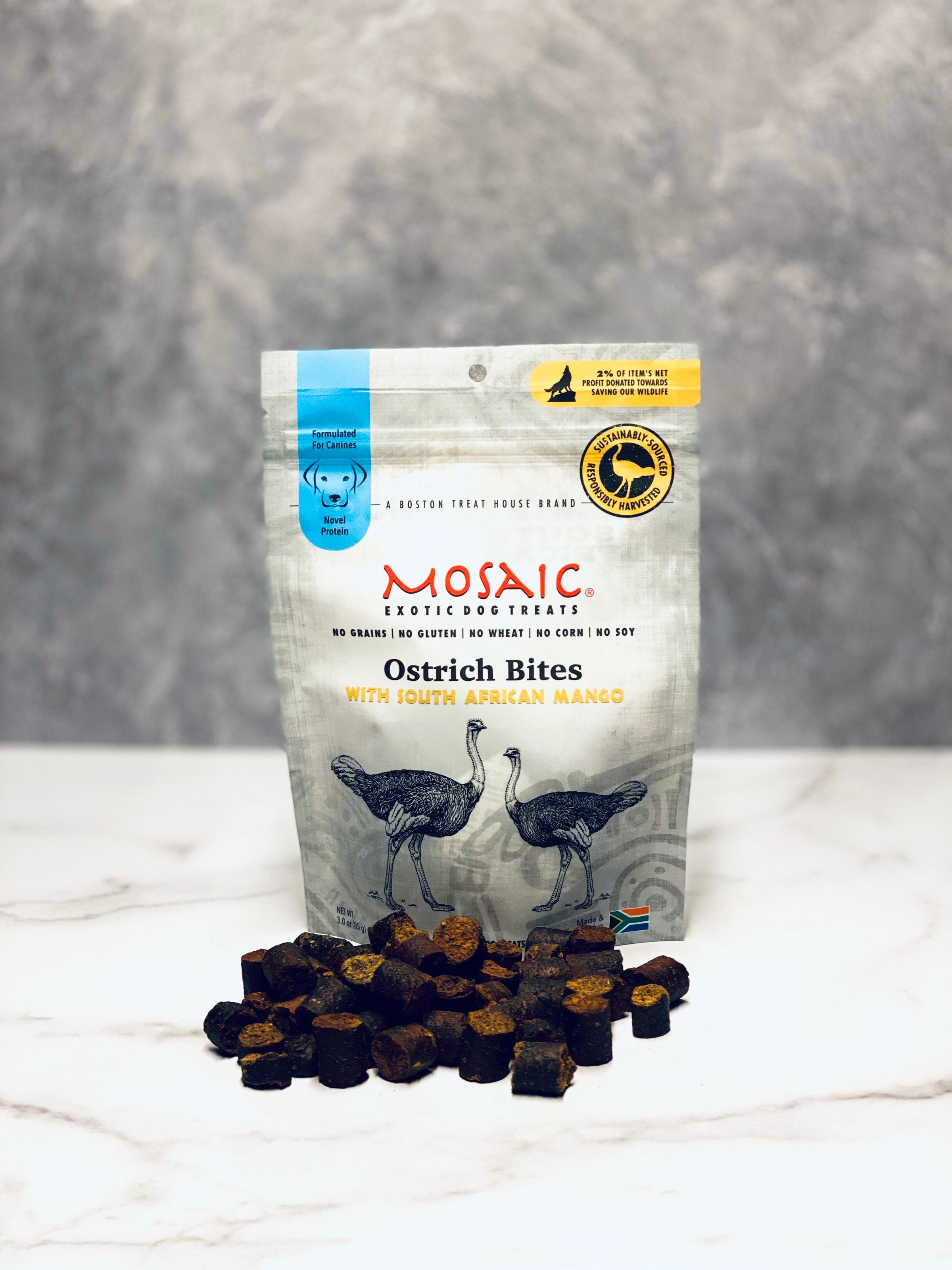 Mosaic South African Ostrich Bites Infused with Mango 3oz-Four Muddy Paws