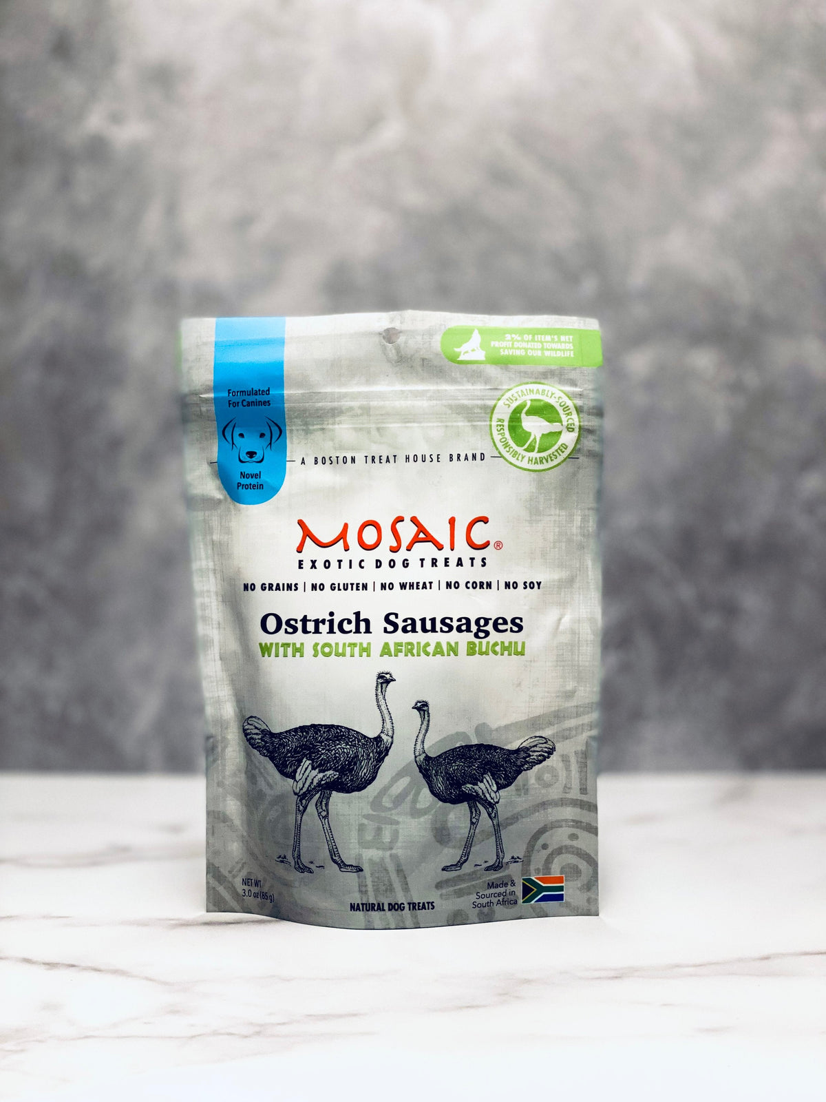 Mosaic South African Ostrich Sausages Infused with Buchu 3oz-Four Muddy Paws