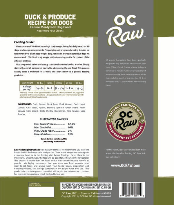 OC Raw Duck & Produce Meaty Rox Frozen Dog Food 3lbs-Four Muddy Paws