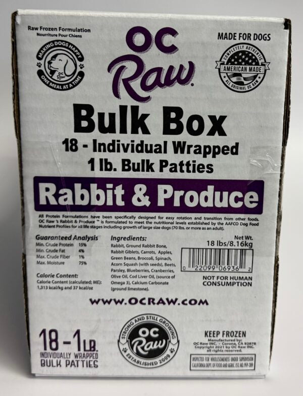 OC Raw Rabbit & Produce Patties Bulk Frozen Dog Food 18lbs-Four Muddy Paws