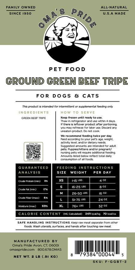 Oma's Pride Frozen Ground Green Beef Tripe 3lbs-Four Muddy Paws