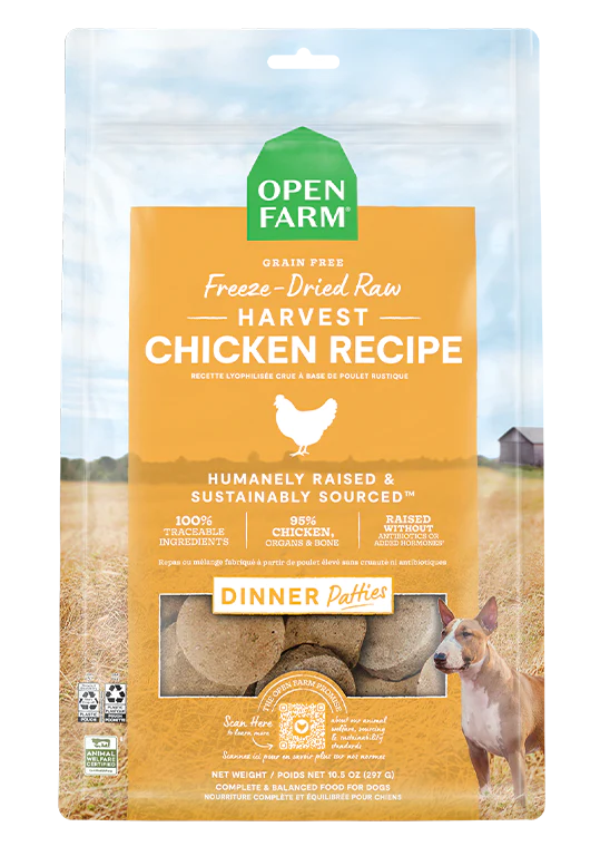 Open Farm Dog Freeze Dried Raw Patties Homestead Chicken 10.5oz-Four Muddy Paws