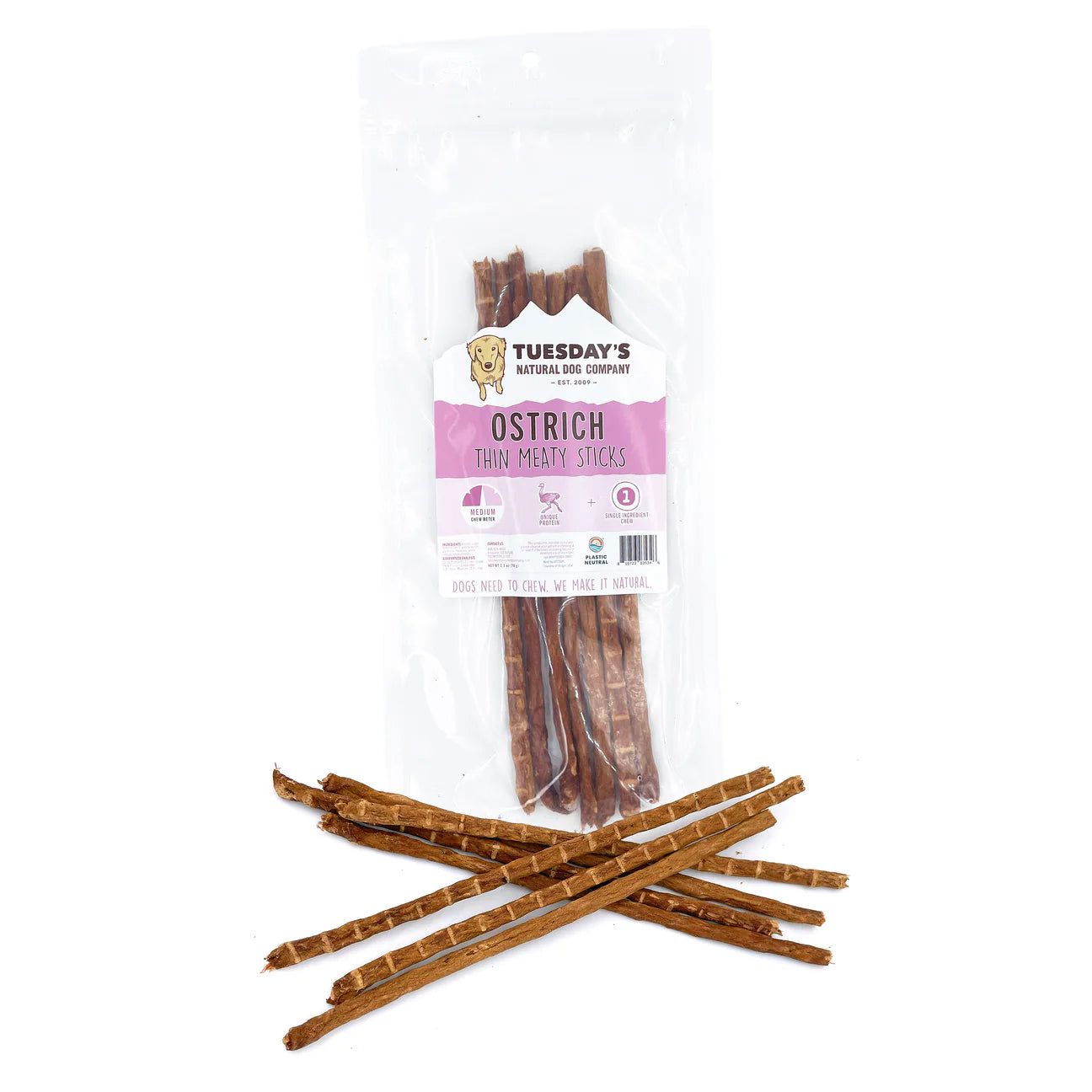 Ostrich Thin Meaty Sticks 2.5oz-Four Muddy Paws