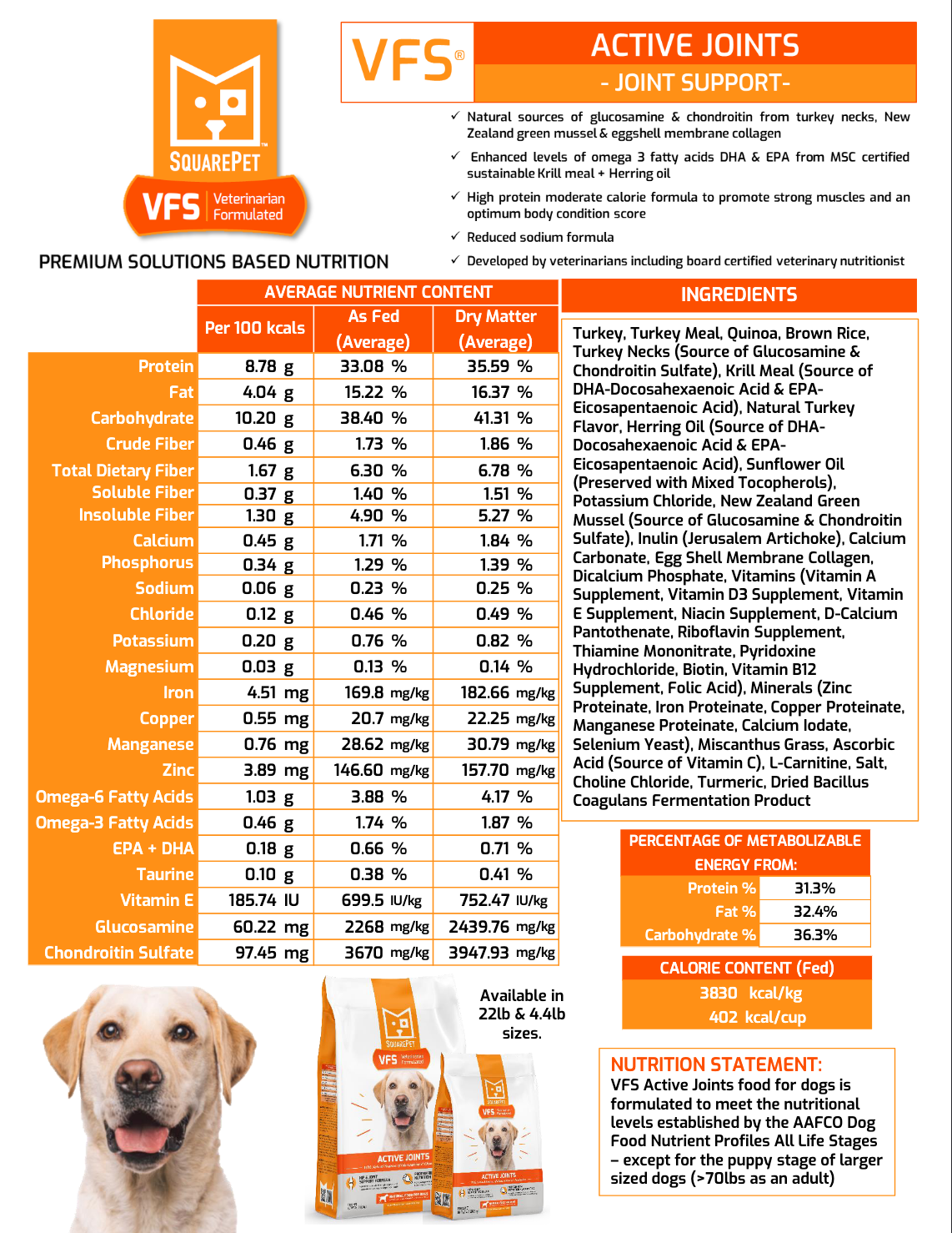 SquarePet VFS Active Joints Formula Dog Food 22lbs-Four Muddy Paws