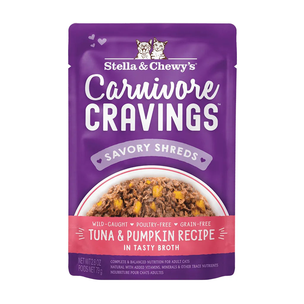 Stella and Chewy's Carnivore Cravings Shreds Tuna & Pumpkin Pouch 2.8oz-Four Muddy Paws