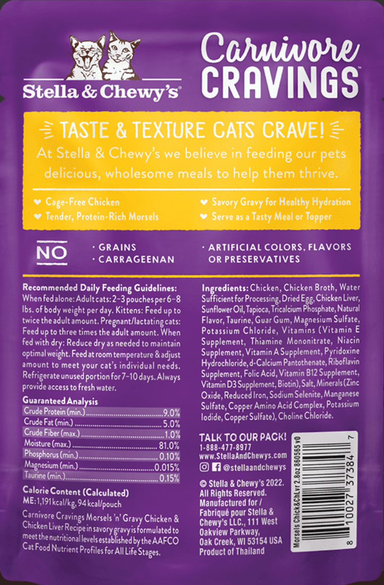 Stella and Chewy's Cat Chicken & Chicken Liver Morsels' N' Gravy Pouch 2.8oz-Four Muddy Paws