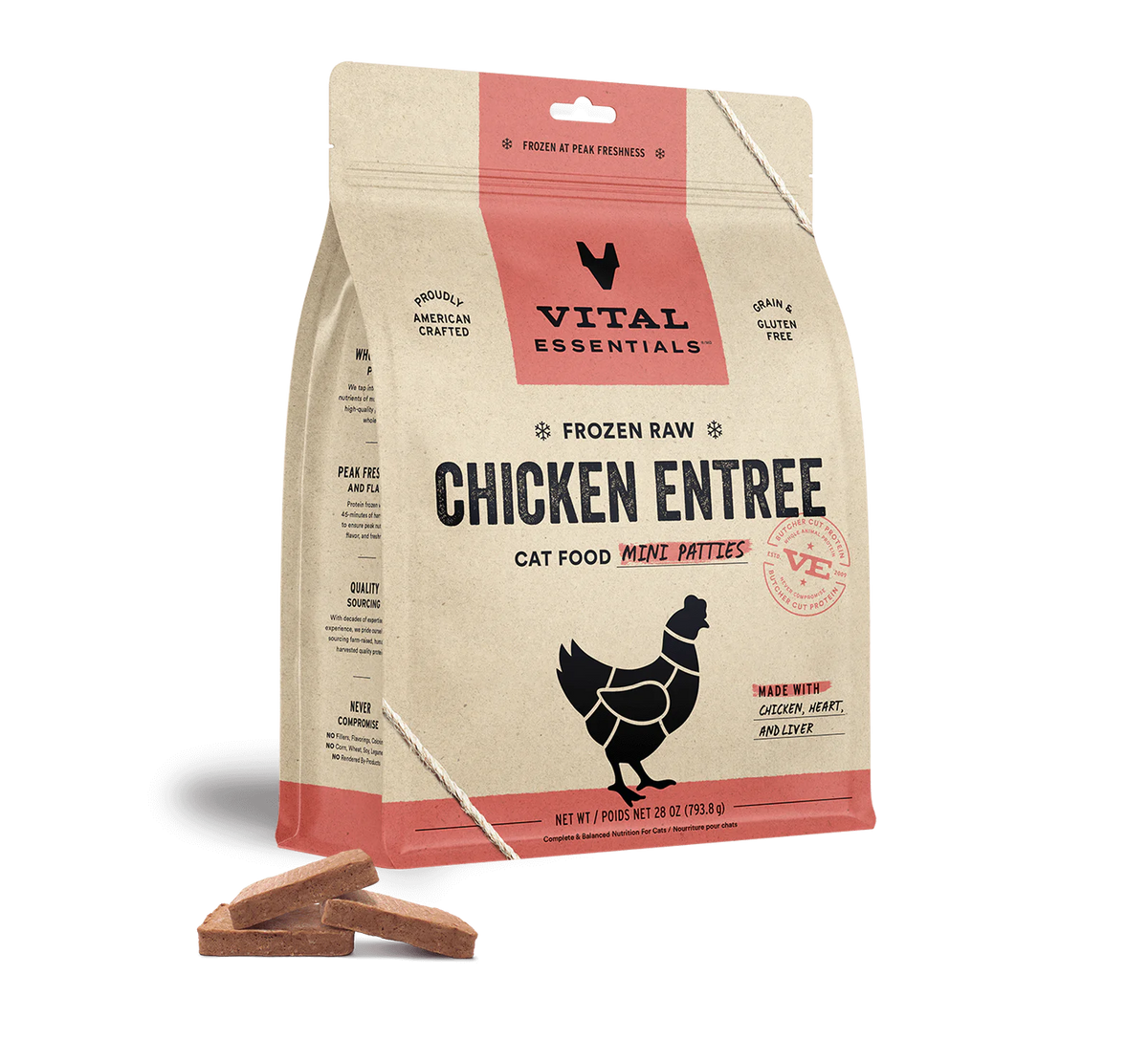 Vital Essentials Cat Frozen Mini Patties Chicken Raw Cat Food 28oz-Four Muddy Paws