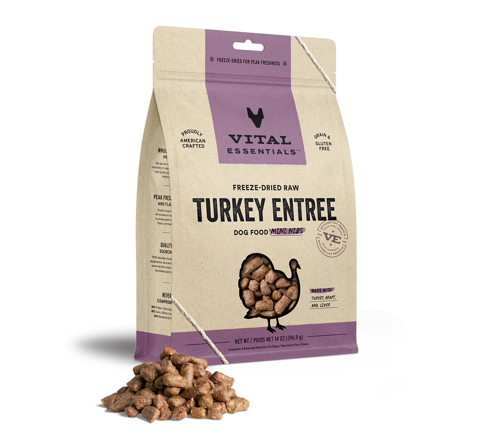 Vital Essentials Freeze Dried Mini Nibs Turkey 14oz-Four Muddy Paws