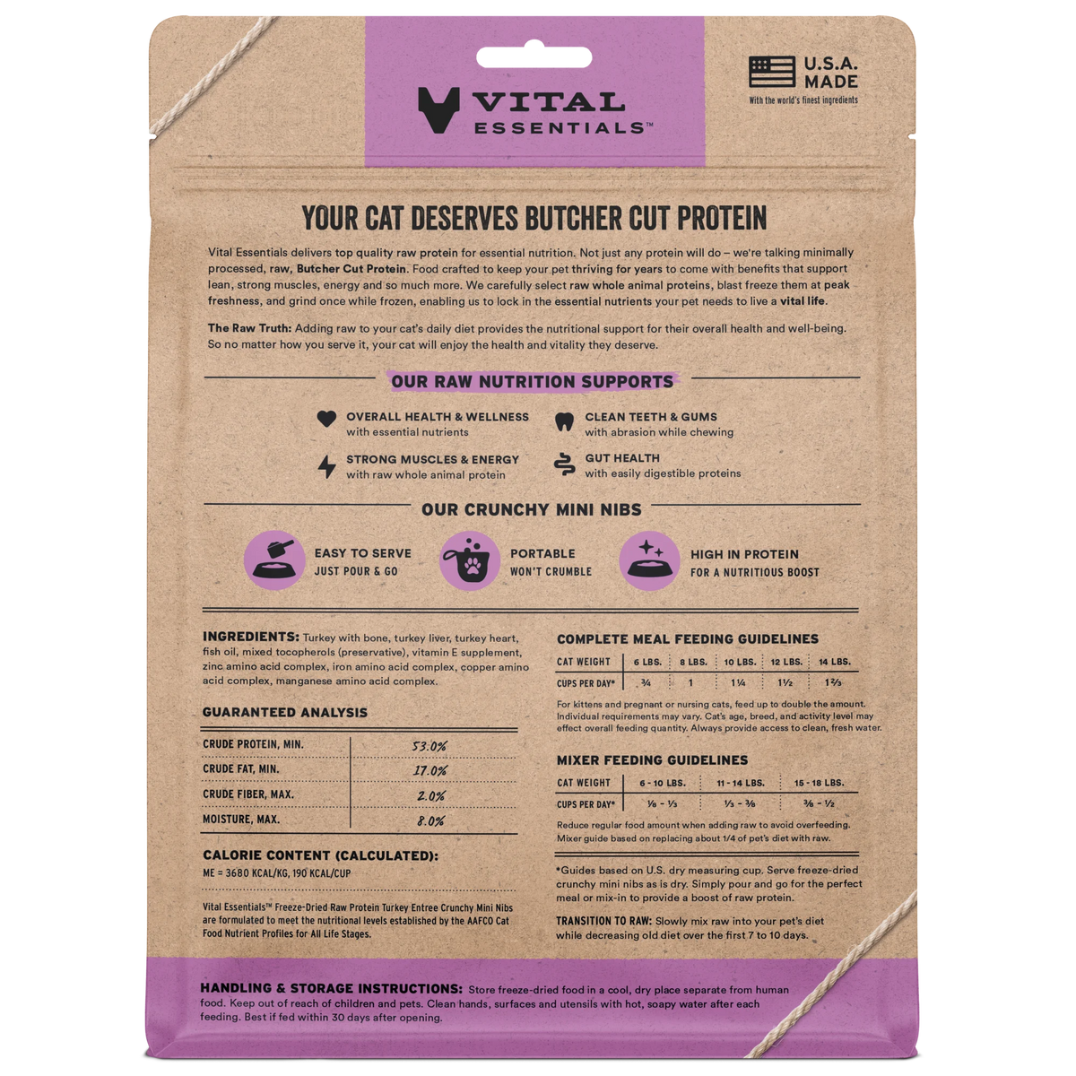 Vital Essentials Freeze Dried Turkey Mini Nibs Cat Food 12oz-Four Muddy Paws
