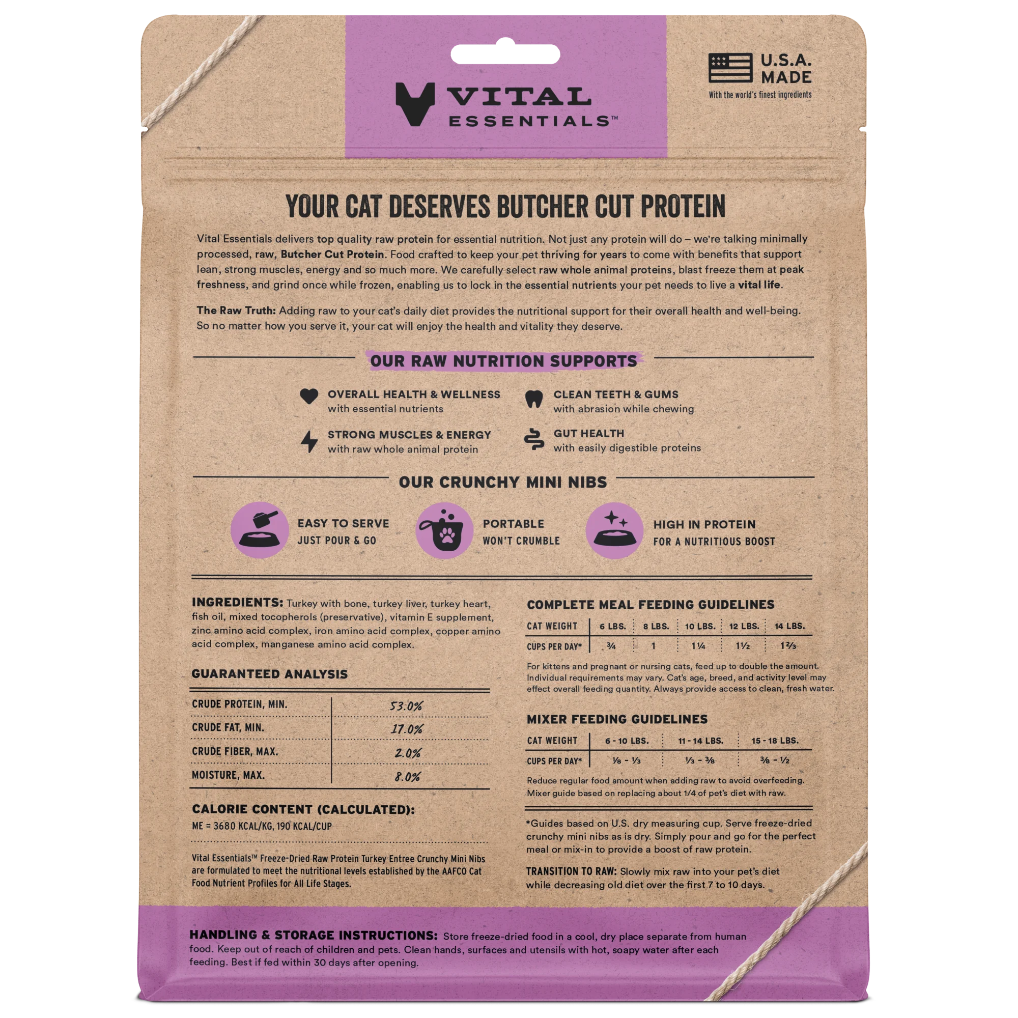 Vital Essentials Freeze Dried Turkey Mini Nibs Cat Food 12oz-Four Muddy Paws
