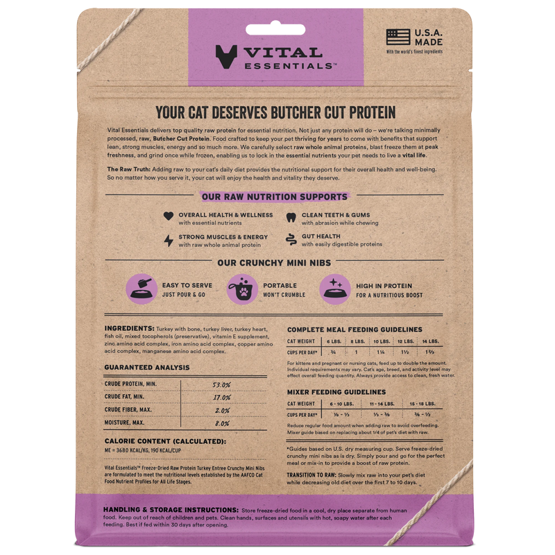Vital Essentials Freeze Dried Turkey Mini Nibs Cat Food 12oz-Four Muddy Paws