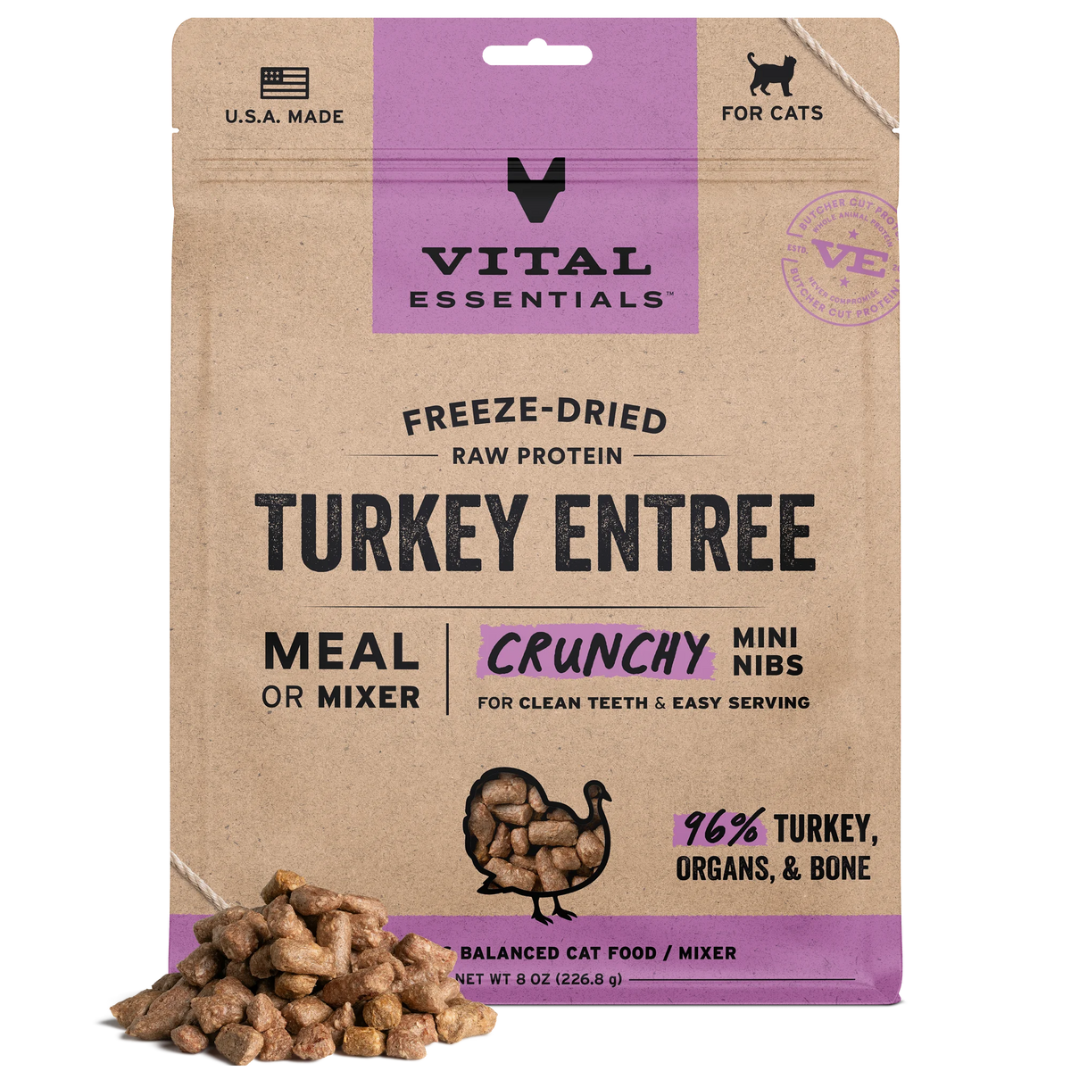 Vital Essentials Freeze Dried Turkey Mini Nibs Cat Food 12oz-Four Muddy Paws