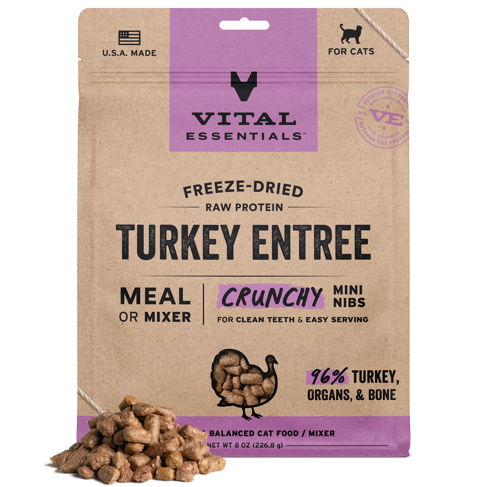 Vital Essentials Freeze Dried Turkey Mini Nibs Cat Food 12oz-Four Muddy Paws
