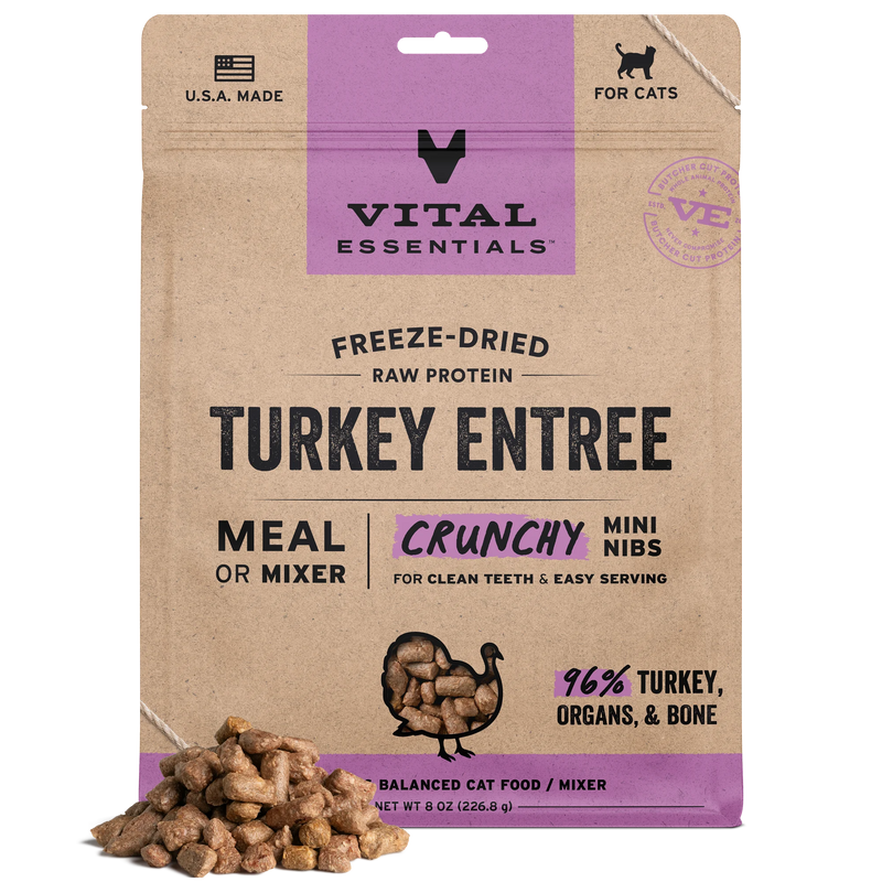 Vital Essentials Freeze Dried Turkey Mini Nibs Cat Food 12oz-Four Muddy Paws