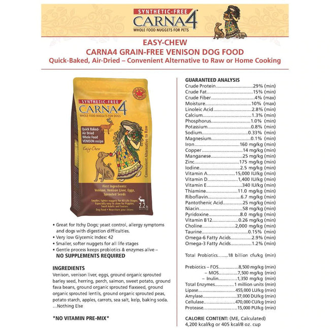 CARNA4 DOG EASY CHEW GRAIN FREE VENISON FOOD 2.2LB-Four Muddy Paws
