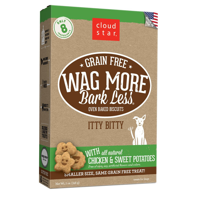 CLOUD STAR WAG MORE DOG GRAIN FREE ITTY BITTY BAKED TREATS CHICKEN/SWEET POTATO 7oz-Four Muddy Paws