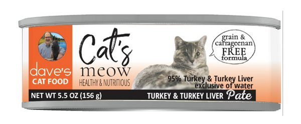 Dave's Cats Meow 95% Cat Food Can Turkey with Liver 5.5oz-Four Muddy Paws