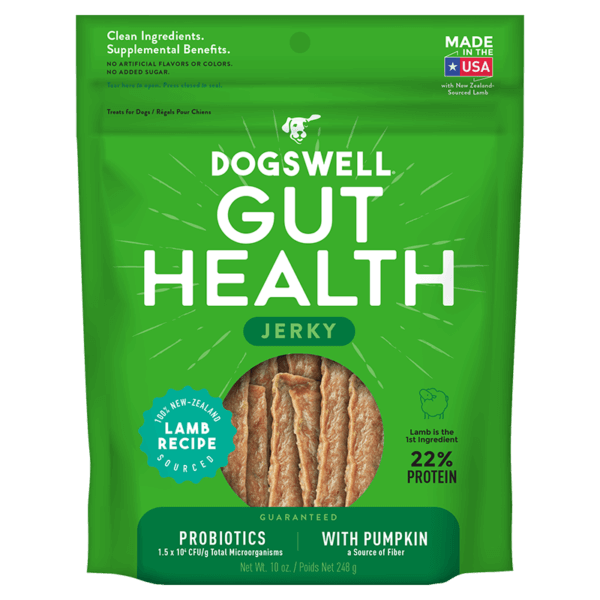 Dogswell Gut Health Jerky Grain Free Lamb 10oz-Four Muddy Paws