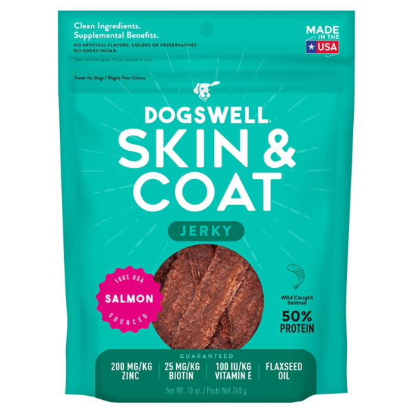 Dogswell Skin & Coat Jerky Grain Free Salmon 10oz-Four Muddy Paws