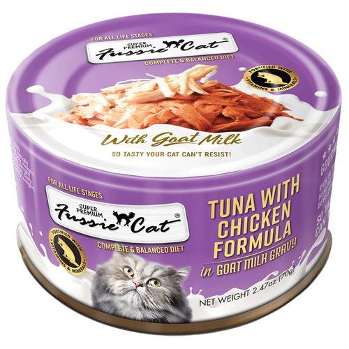 Fussie Cat Premium Tuna Chicken in Goat Milk 2.47oz-Four Muddy Paws