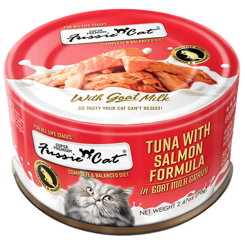 Fussie Cat Premium Tuna Salmon in Goat Milk 2.47oz-Four Muddy Paws