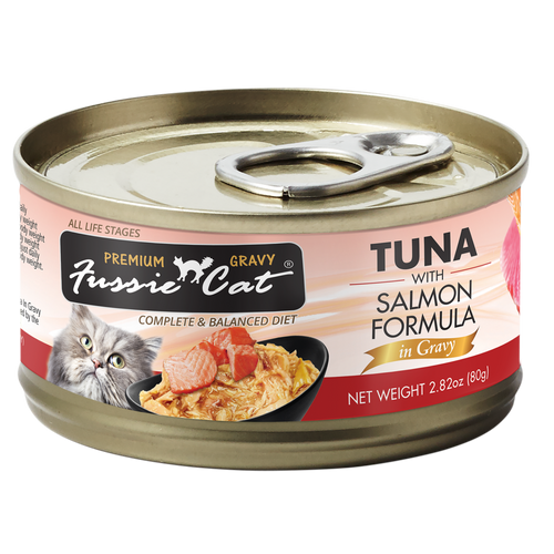 Fussie Cat Premium Tuna Salmon in Gravy 2.82oz-Four Muddy Paws
