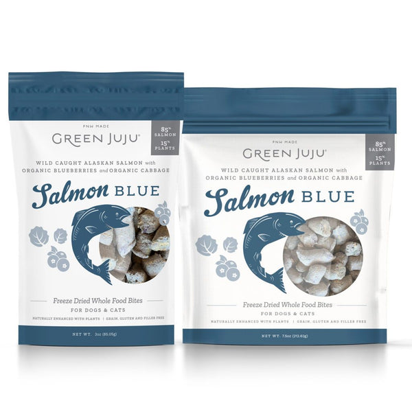Green Juju Dog Freeze Dried Salmon Blue Bites 3oz-Four Muddy Paws