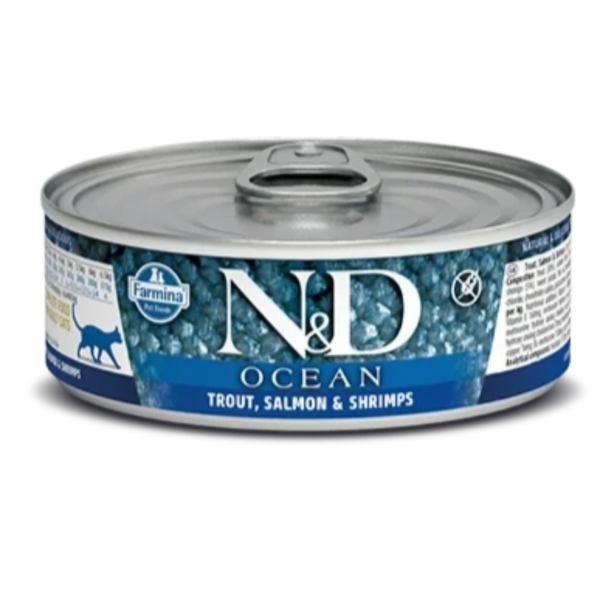 N&D OCEAN CAT CANNED FOOD TROUT, SALMON, SHRIMP 2.8OZ-Four Muddy Paws