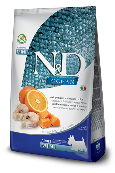 N&D OCEAN GRAIN FREE ADULT DOG DRY COD, PUMPKIN AND ORANGE MINI 15.4lb-Four Muddy Paws