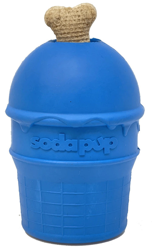 SodaPup Rubber Ice Cream Cone Chew Toy and Treat Dispenser Blue Medium-Four Muddy Paws
