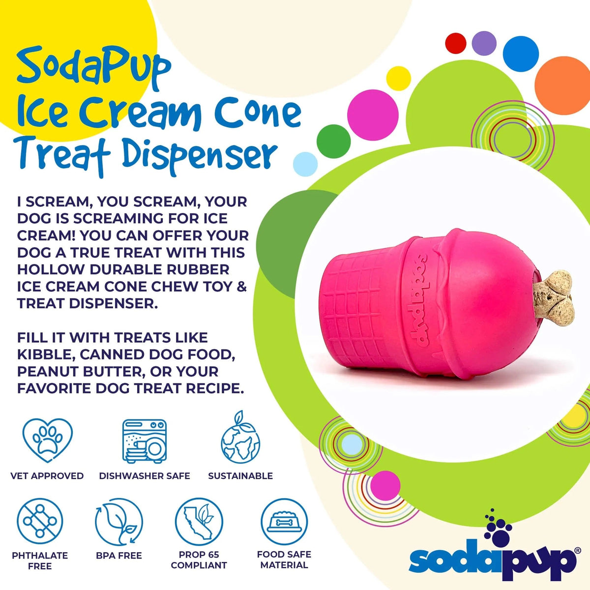SodaPup Rubber Ice Cream Cone Chew Toy and Treat Dispenser Pink Medium-Four Muddy Paws
