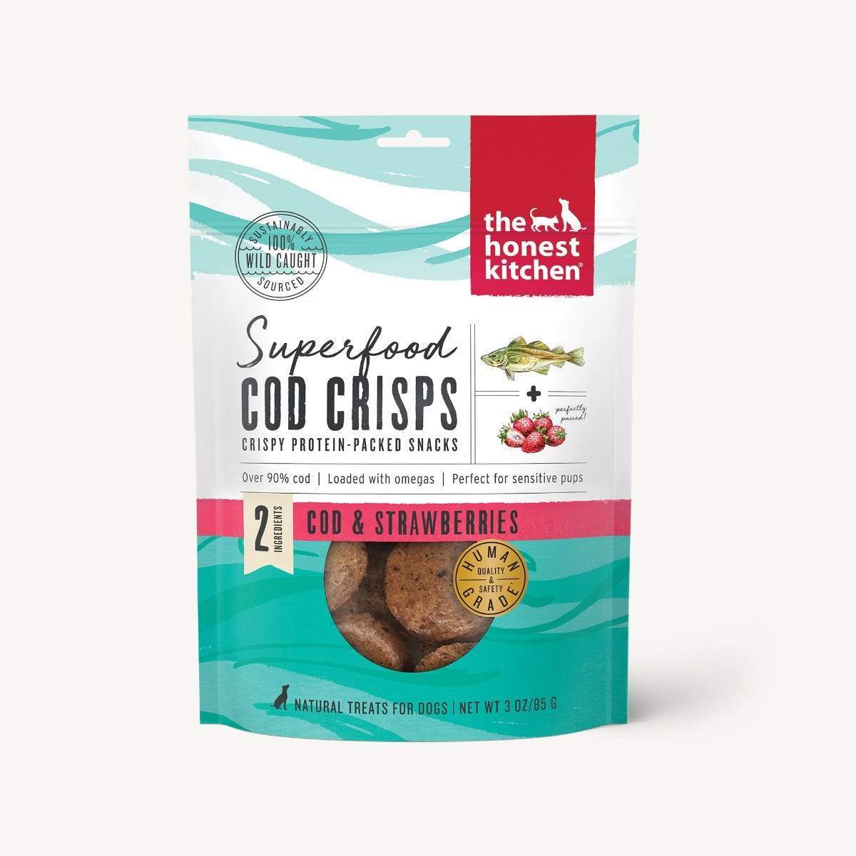 The Honest Kitchen Dog Superfood Cod and Strawberry Crisps 3oz-Four Muddy Paws